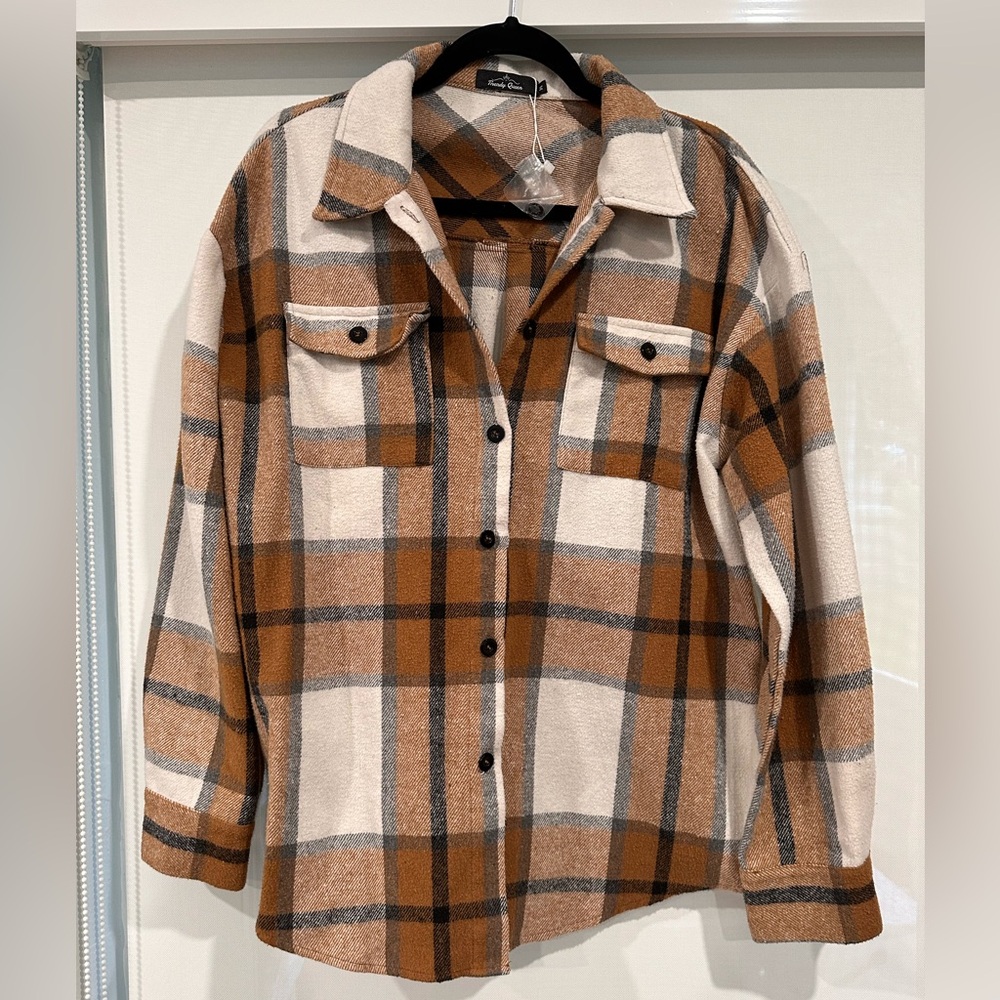 Trendy Queen Womens Flannel Shacket Jacket Plaid Button Down Shirt size Medium